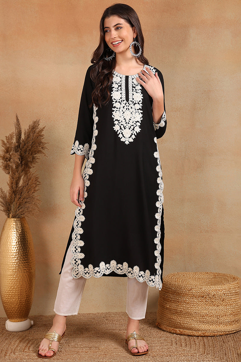 Black Viscose Rayon Solid Embroidered Chikankari Straight Kurta VCK9780