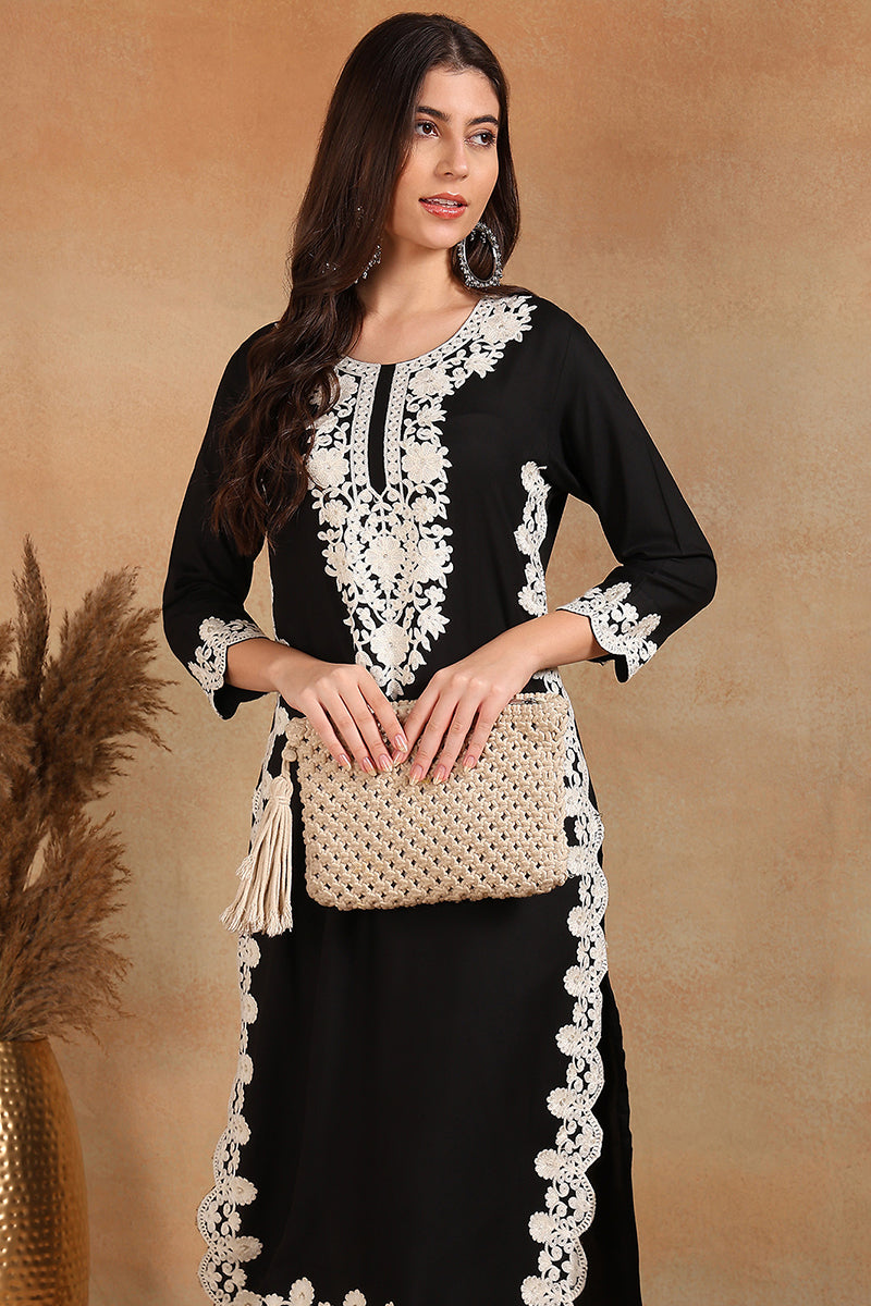 Black Viscose Rayon Solid Embroidered Chikankari Straight Kurta VCK9780