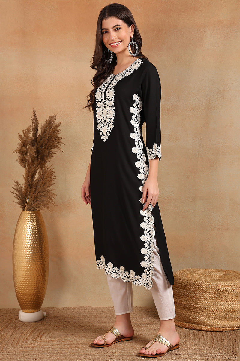 Black Viscose Rayon Solid Embroidered Chikankari Straight Kurta VCK9780