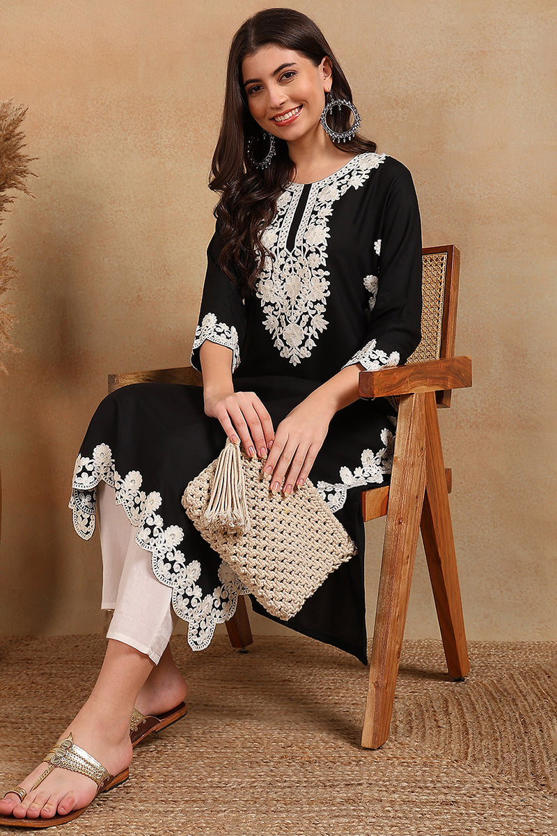 Black Viscose Rayon Solid Embroidered Chikankari Straight Kurta VCK9780