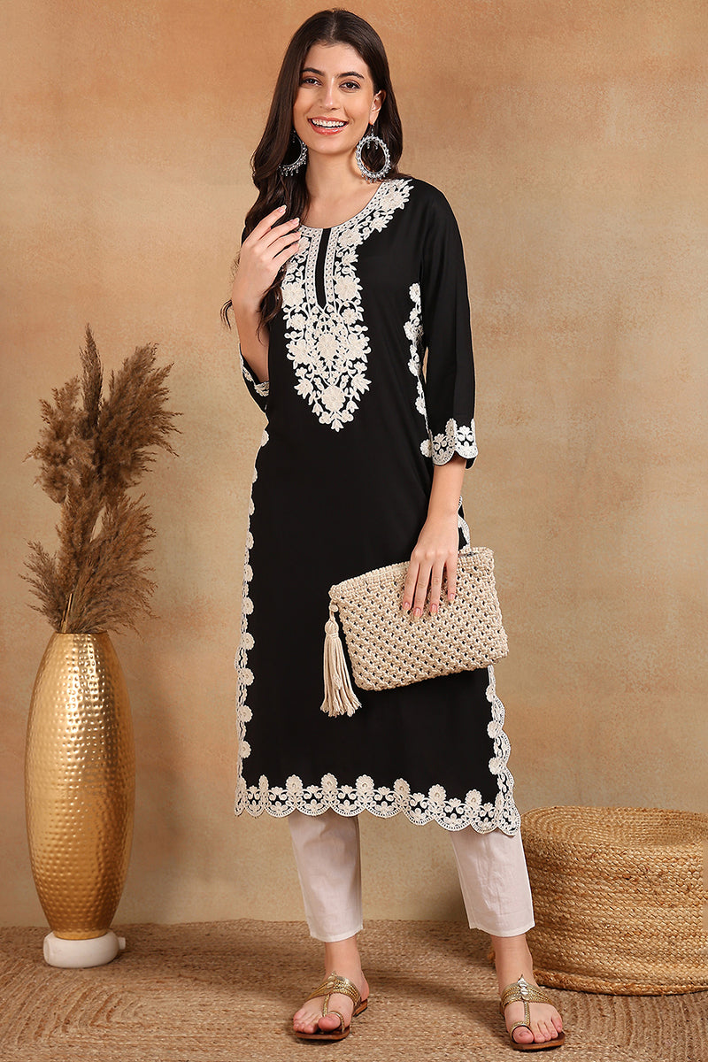 Black Viscose Rayon Solid Embroidered Chikankari Straight Kurta VCK9780
