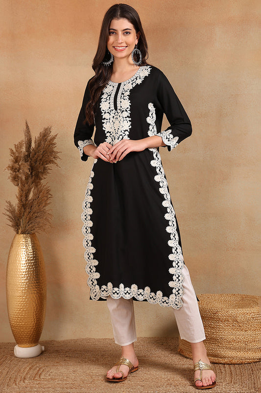 Black Viscose Rayon Solid Embroidered Chikankari Straight Kurta VCK9780