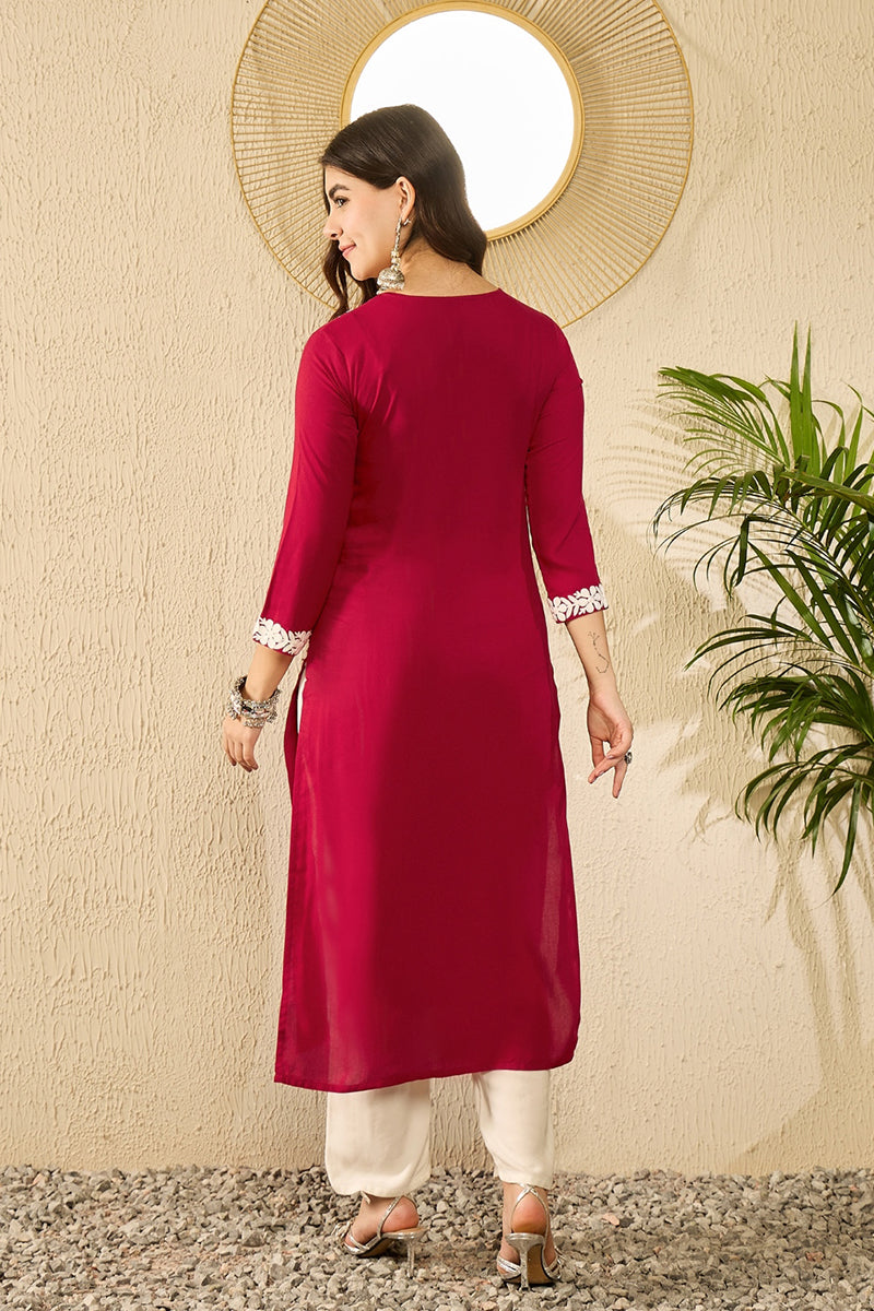 Red Viscose Rayon Solid Embroidered Straight Kurta VCK9782