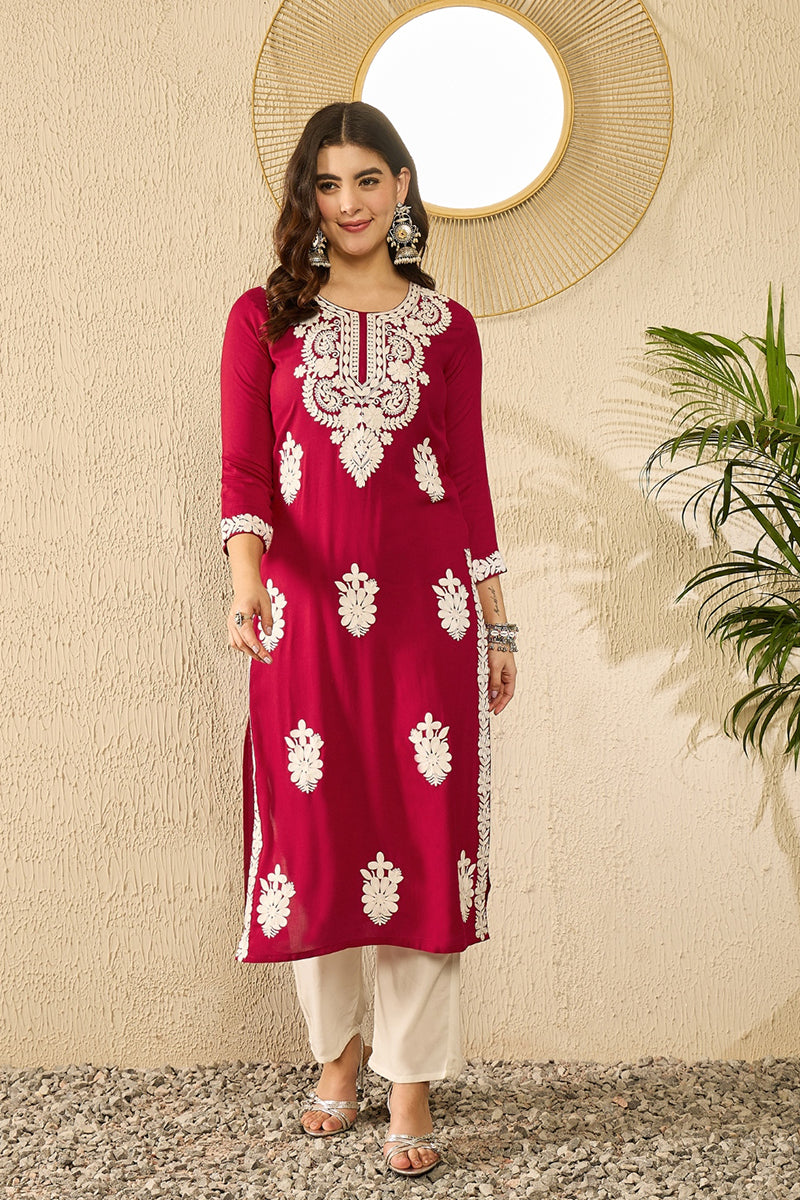 Red Viscose Rayon Solid Embroidered Straight Kurta VCK9782