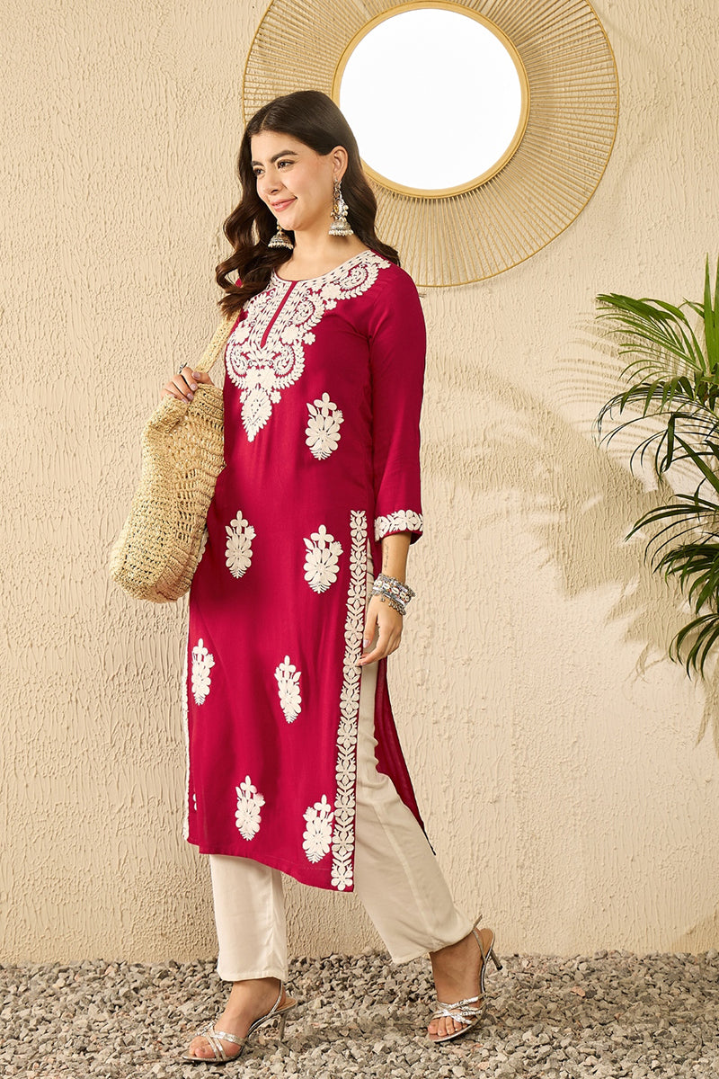 Red Viscose Rayon Solid Embroidered Straight Kurta VCK9782