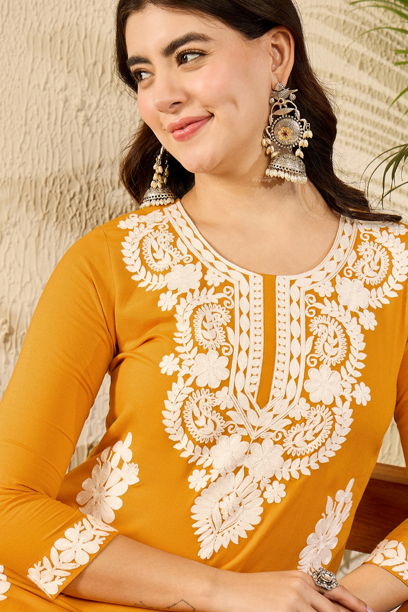 Yellow Viscose Rayon Embroidered Straight Kurta VCK9783