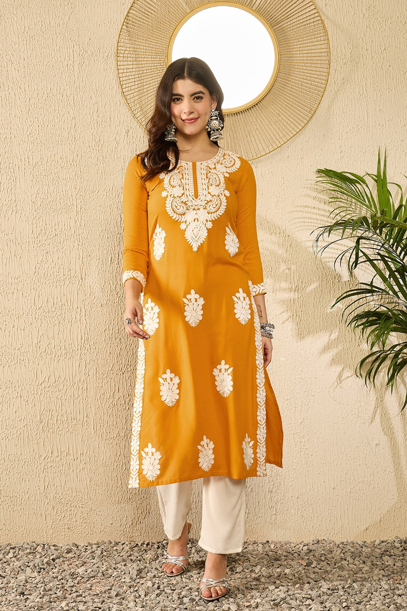 Yellow Viscose Rayon Embroidered Straight Kurta VCK9783