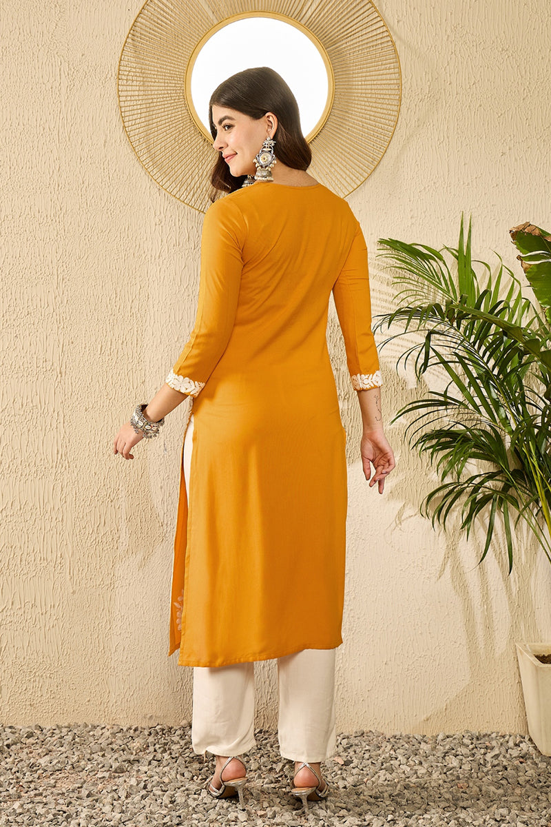 Yellow Viscose Rayon Embroidered Straight Kurta VCK9783