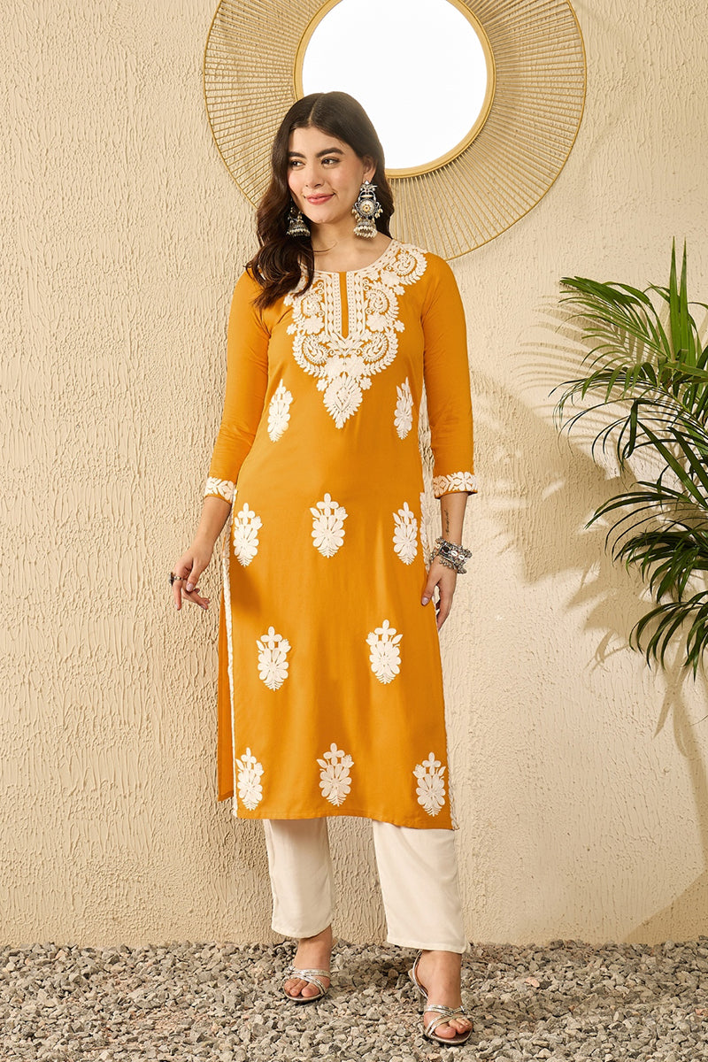 Yellow Viscose Rayon Embroidered Straight Kurta VCK9783