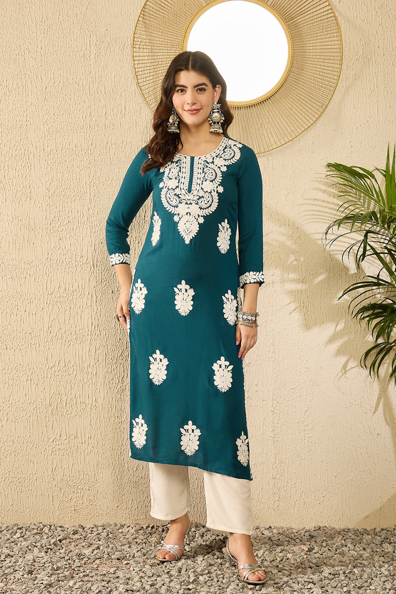 Blue Viscose Rayon Solid Embroidered Straight Kurta VCK9784