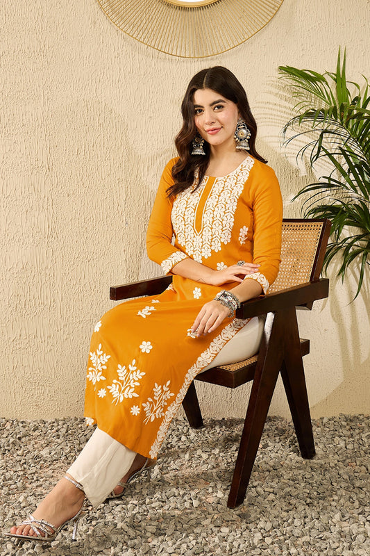 Yellow Viscose Rayon Solid Embroidered Straight Kurta VCK9785