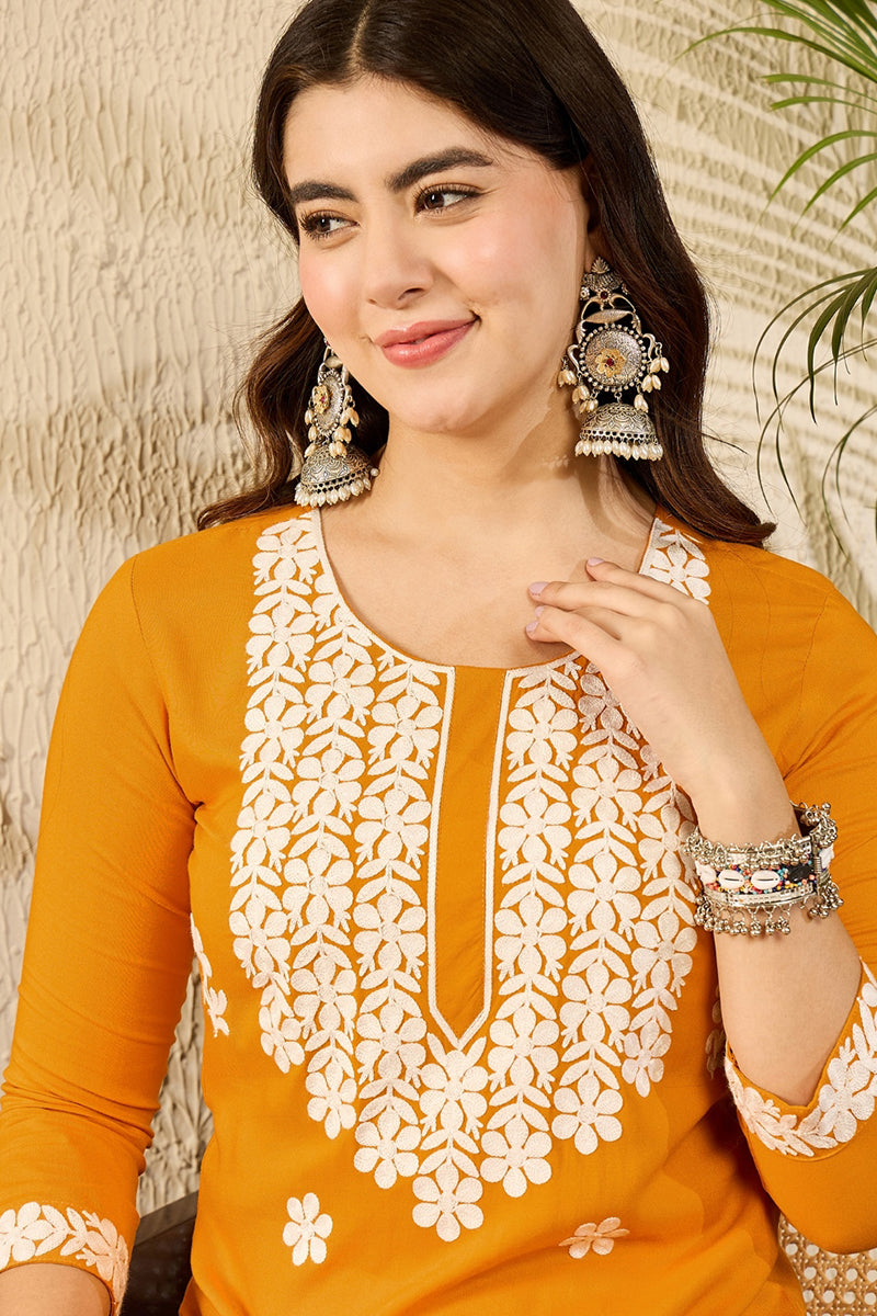 Yellow Viscose Rayon Solid Embroidered Straight Kurta VCK9785