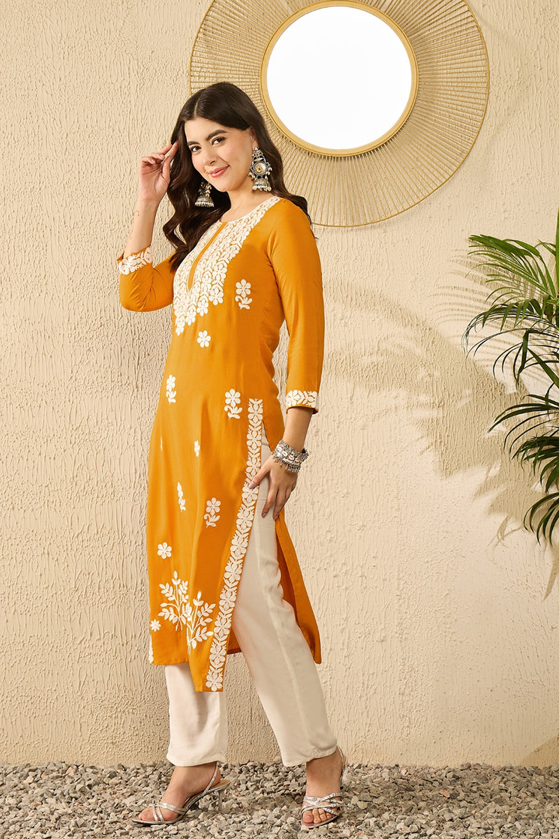 Yellow Viscose Rayon Solid Embroidered Straight Kurta VCK9785