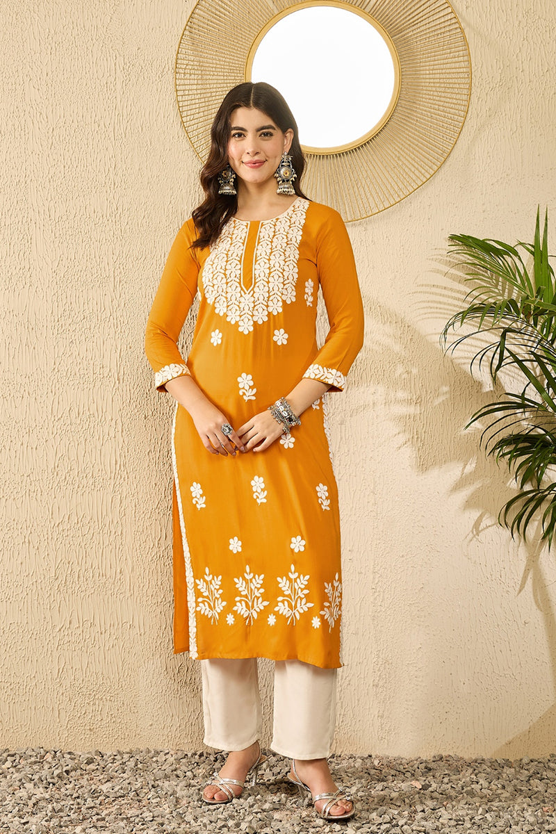 Yellow Viscose Rayon Solid Embroidered Straight Kurta VCK9785