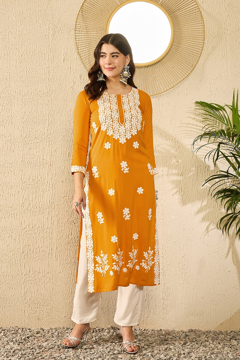 Yellow Viscose Rayon Solid Embroidered Straight Kurta VCK9785