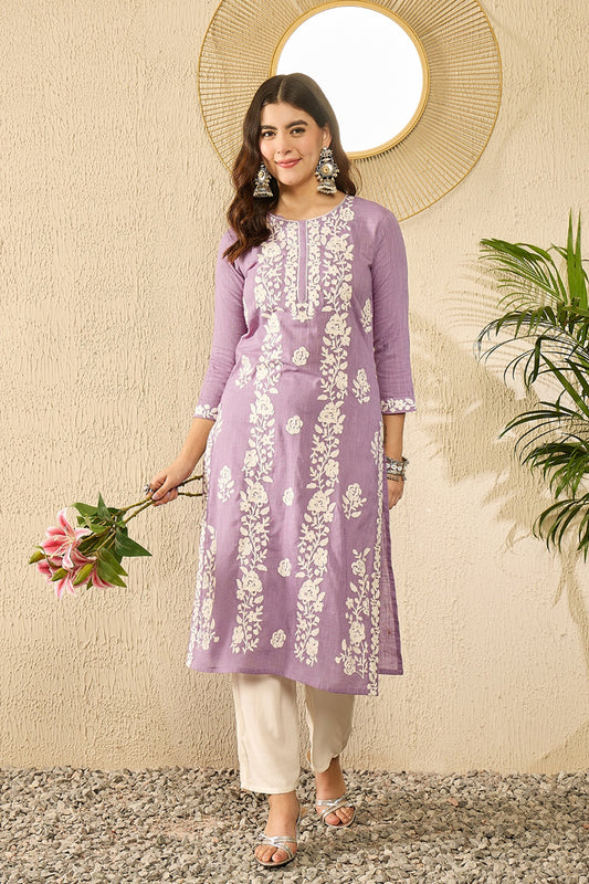 Lavender Viscose Rayon Solid Embroidered Straight Kurta VCK9787