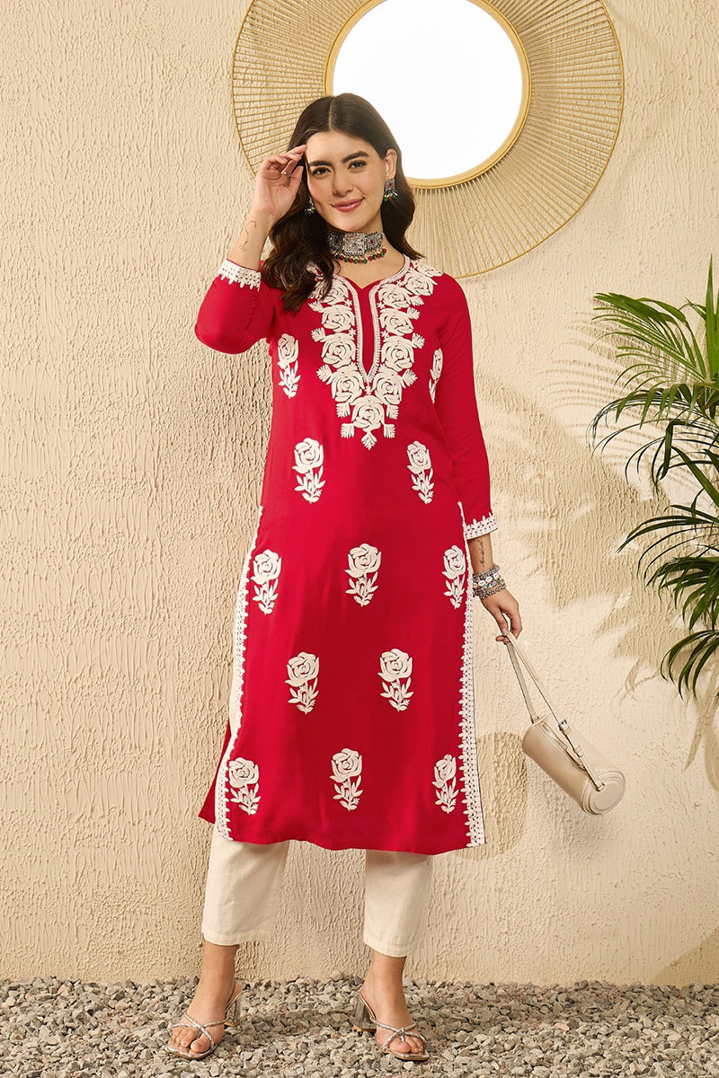 Red Viscose Rayon Embroidered Straight Kurta VCK9790
