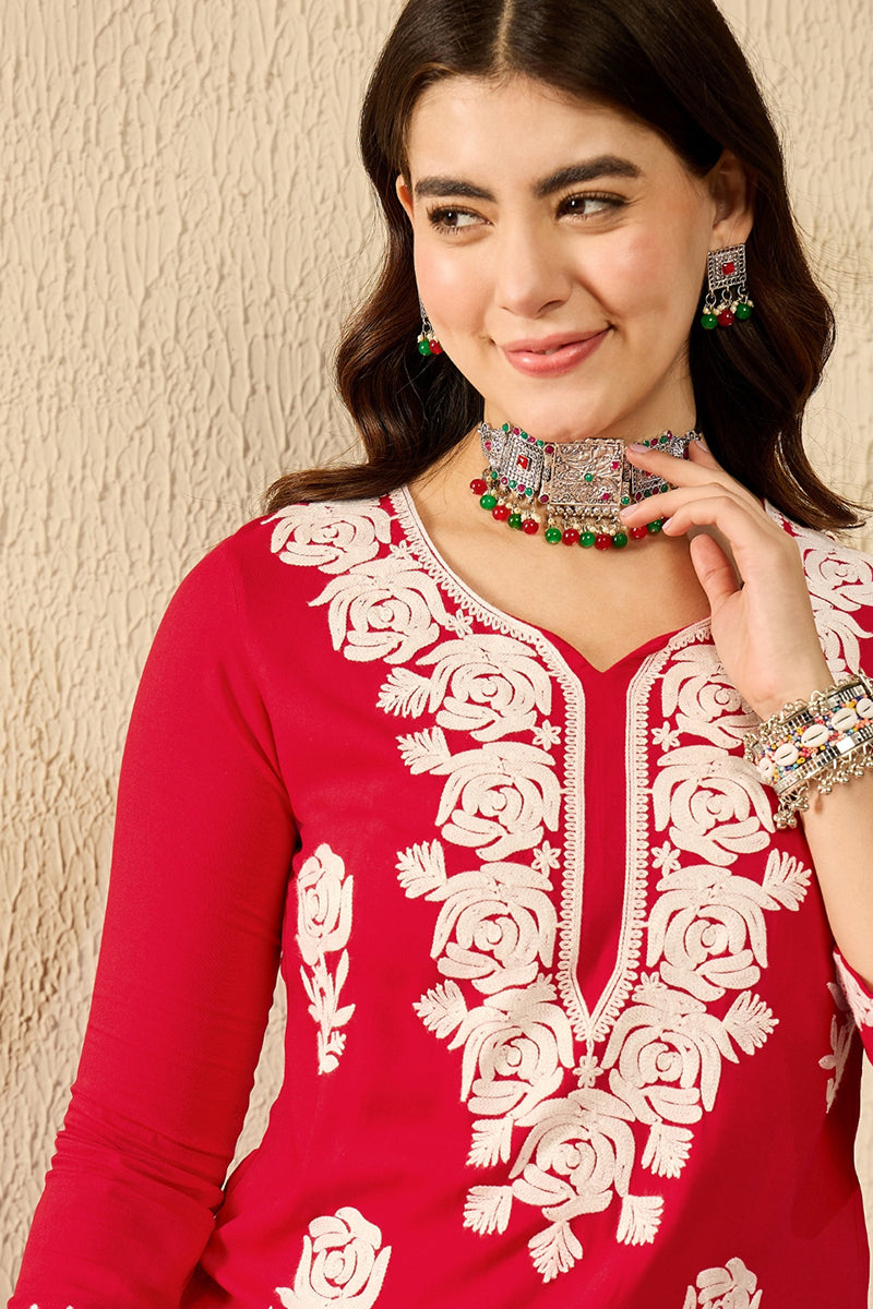 Red Viscose Rayon Embroidered Straight Kurta VCK9790