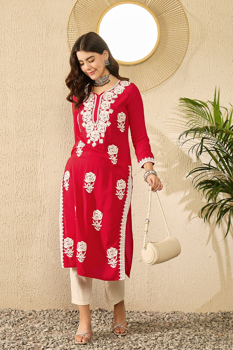 Red Viscose Rayon Embroidered Straight Kurta VCK9790
