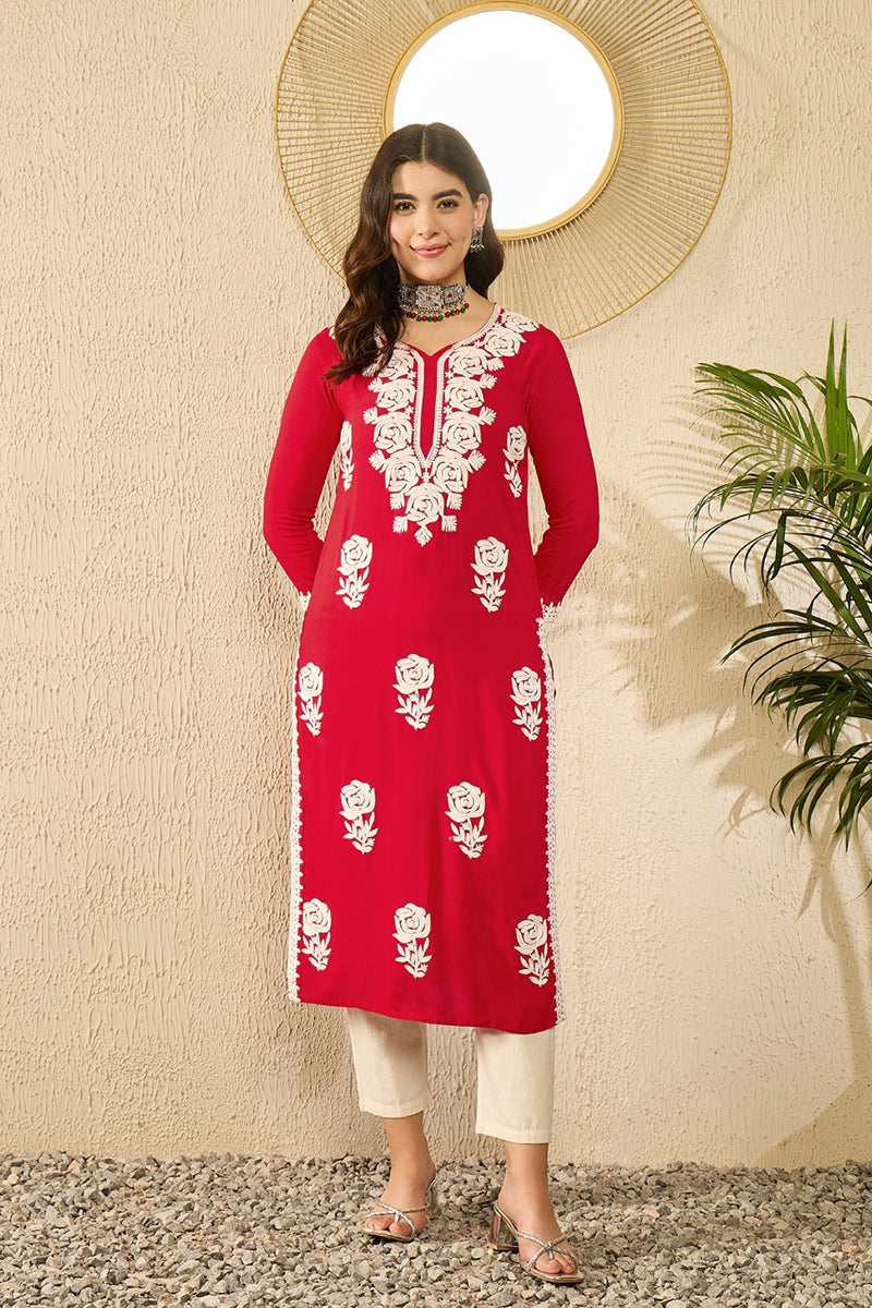 Red Viscose Rayon Embroidered Straight Kurta VCK9790