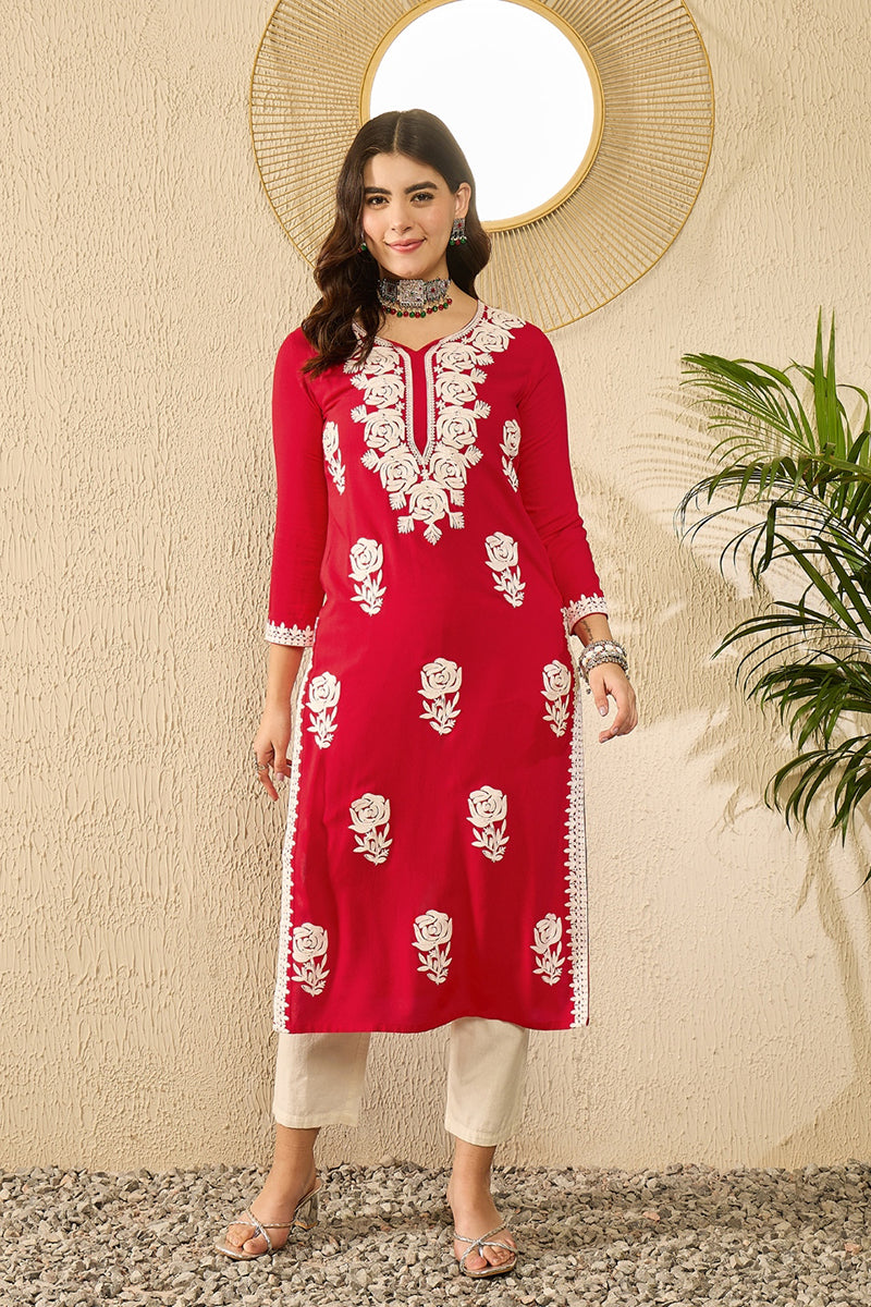 Red Viscose Rayon Embroidered Straight Kurta VCK9790