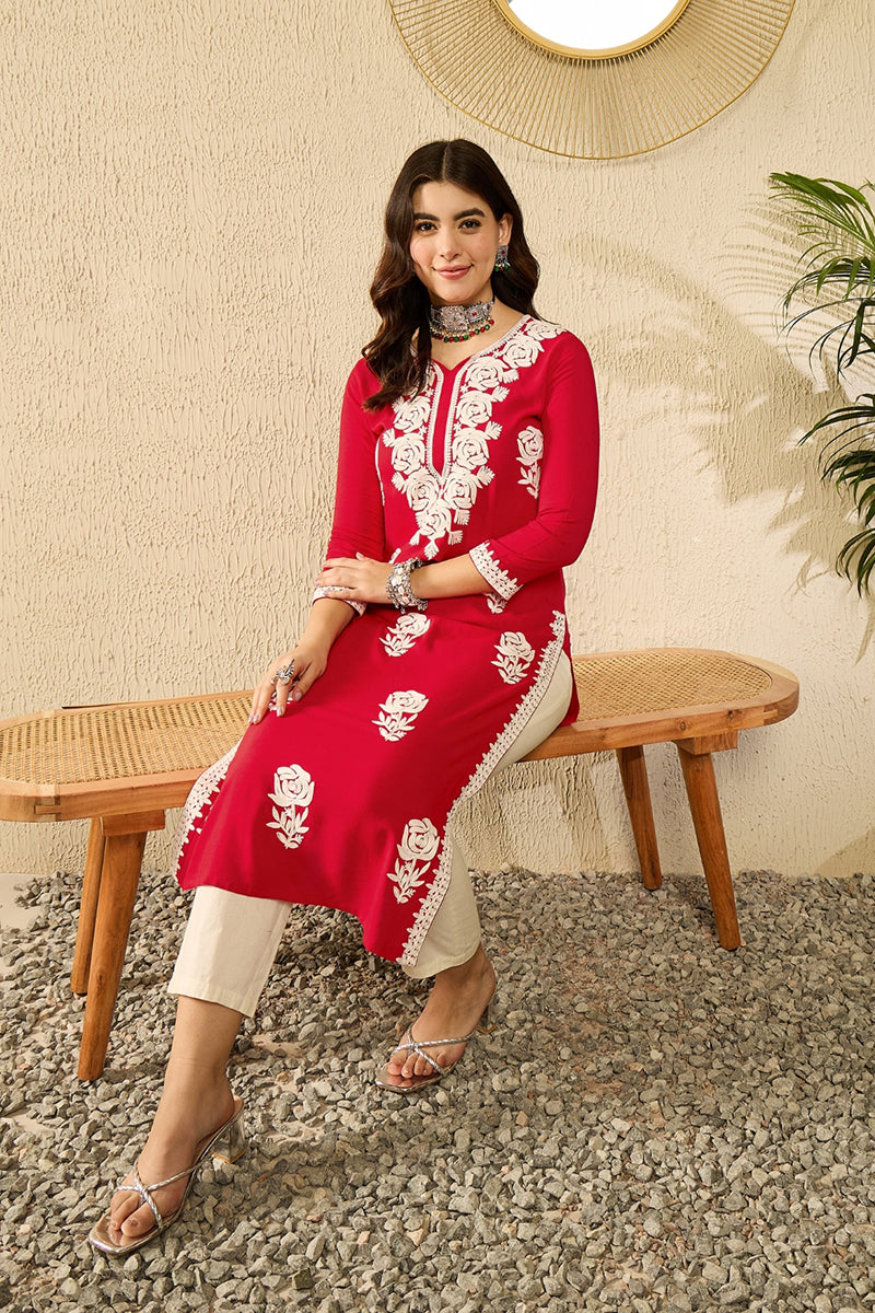 Red Viscose Rayon Embroidered Straight Kurta VCK9790