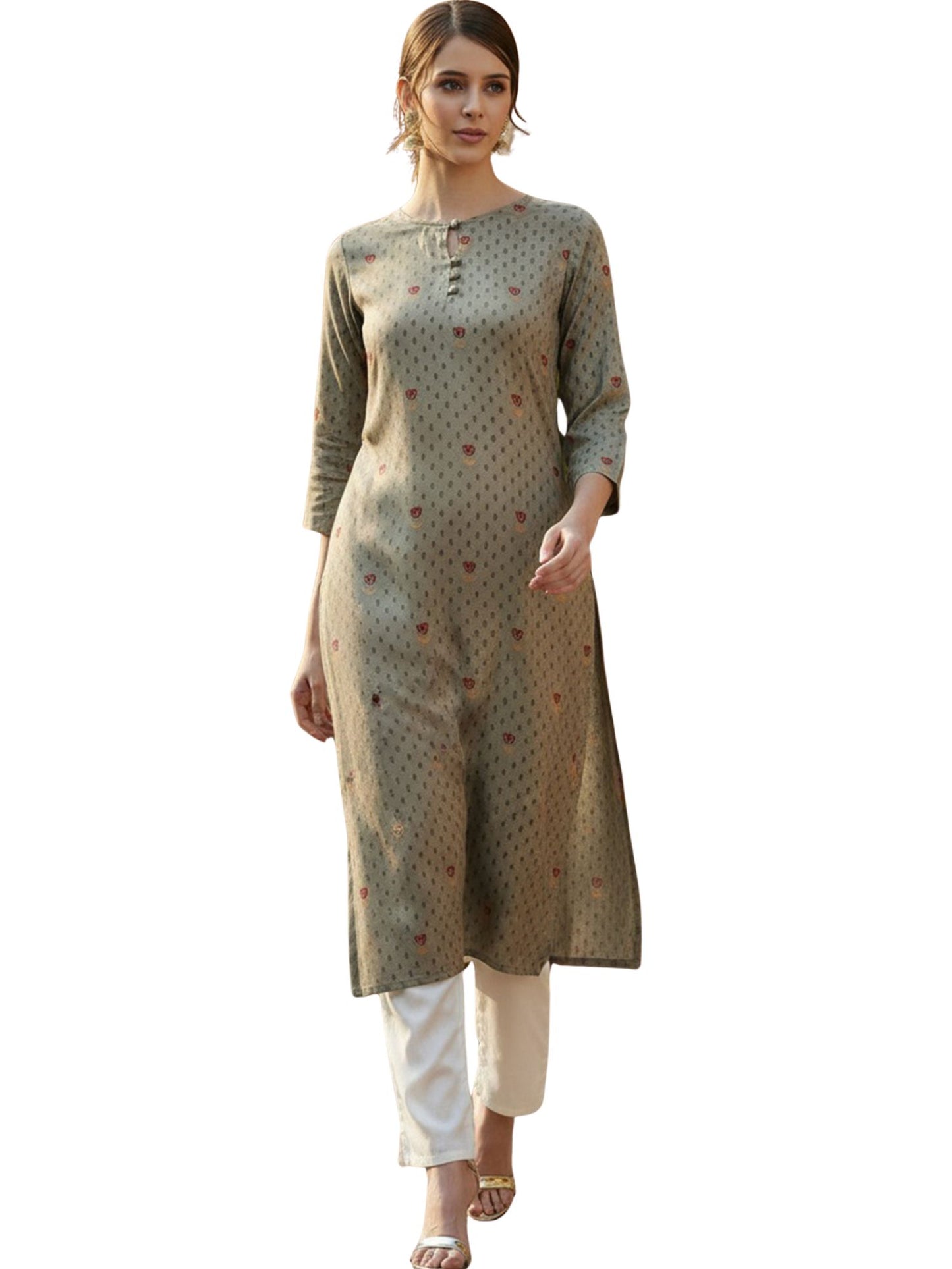 Olive Viscose Rayon Solid Printed Straight Kurta VCK9791