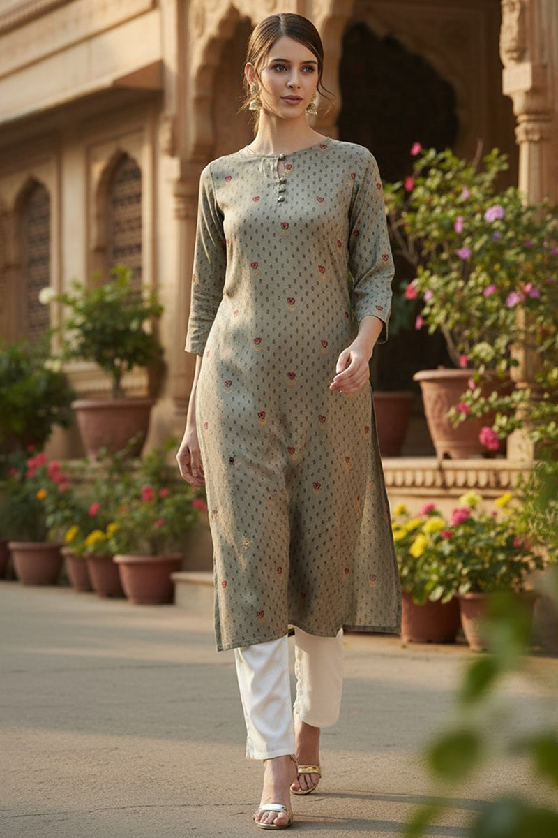 Olive Viscose Rayon Solid Printed Straight Kurta VCK9791
