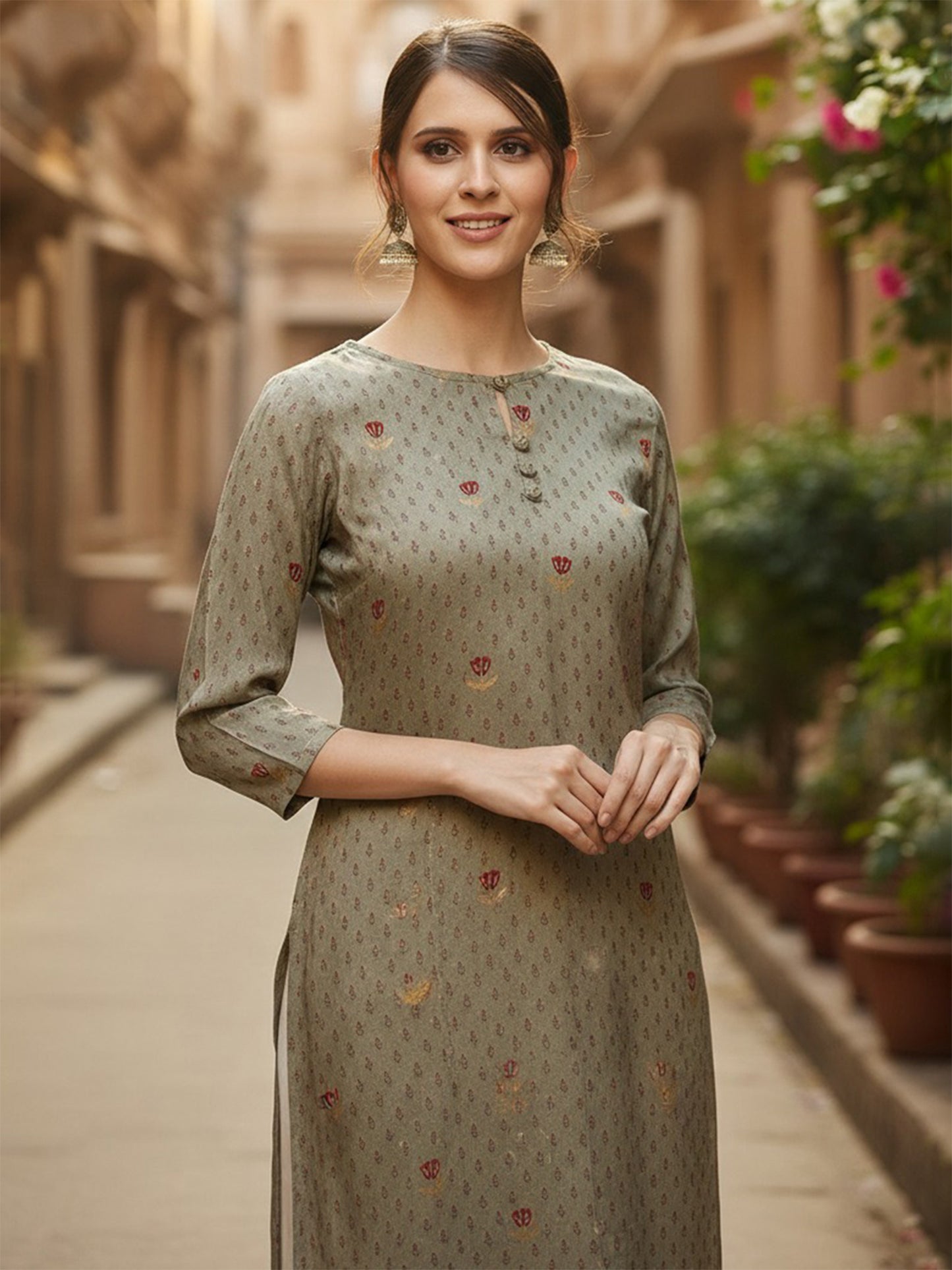 Olive Viscose Rayon Solid Printed Straight Kurta VCK9791