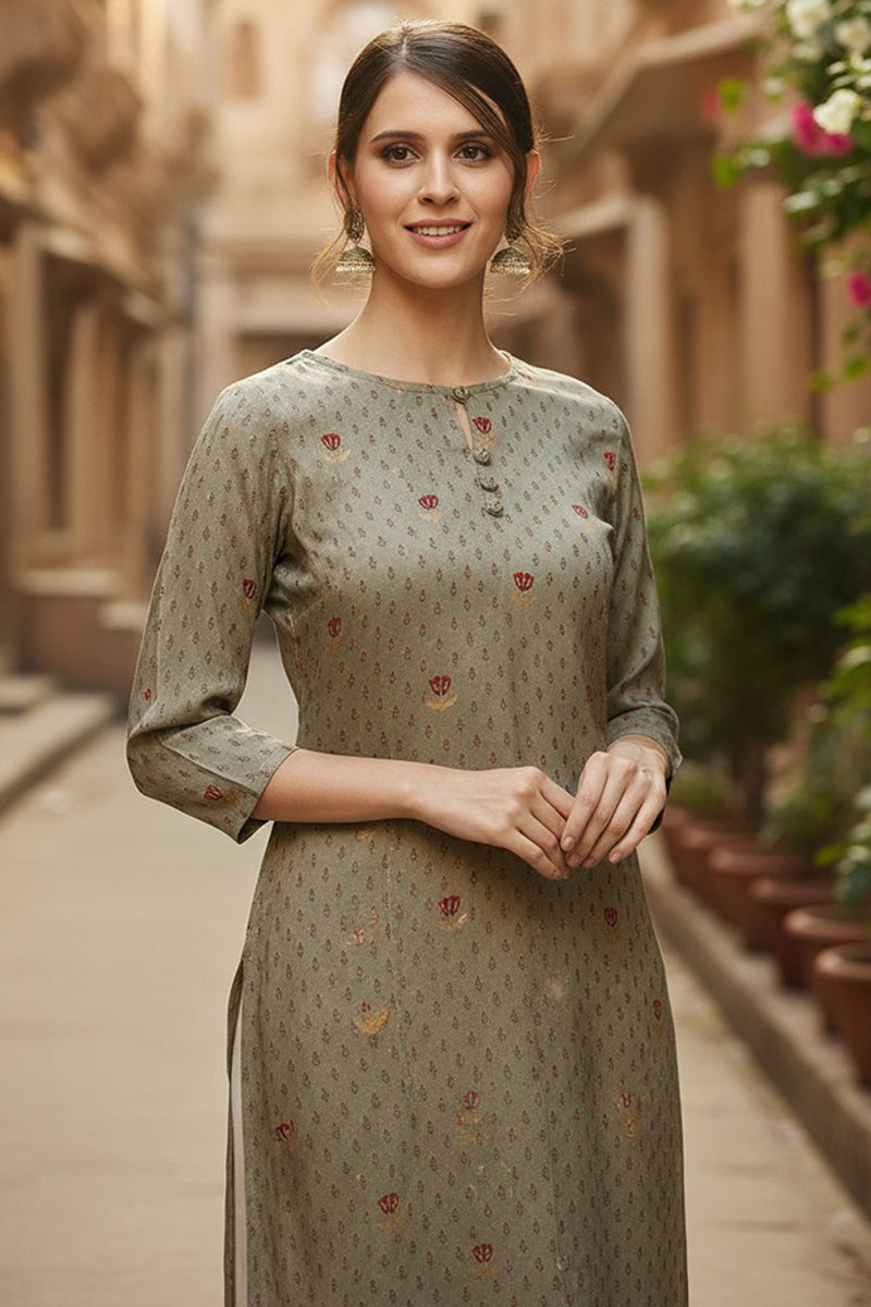 Olive Viscose Rayon Solid Printed Straight Kurta VCK9791