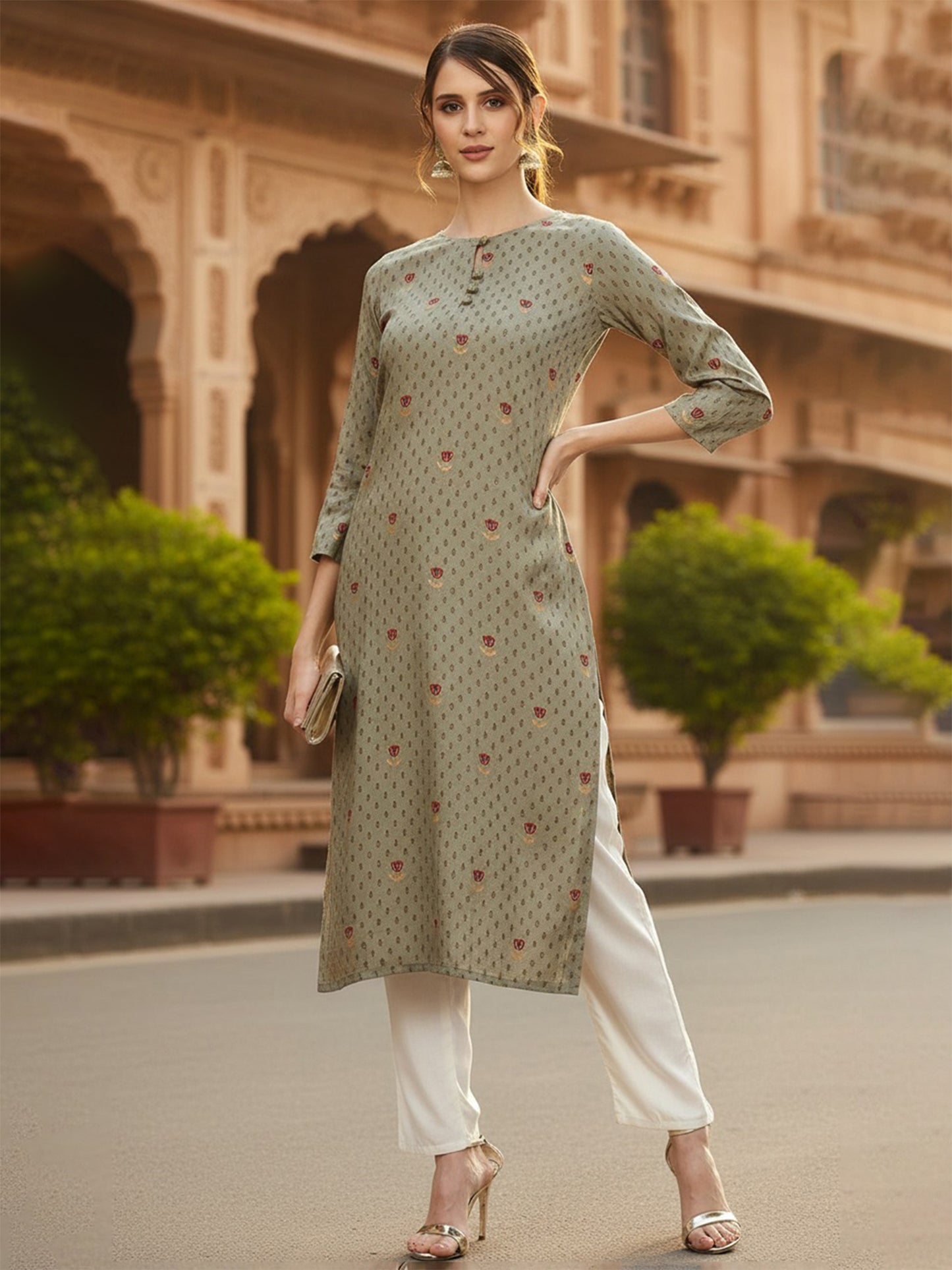 Olive Viscose Rayon Solid Printed Straight Kurta VCK9791