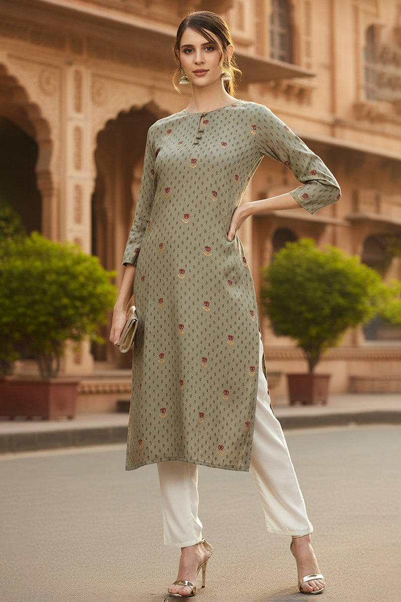 Olive Viscose Rayon Solid Printed Straight Kurta VCK9791