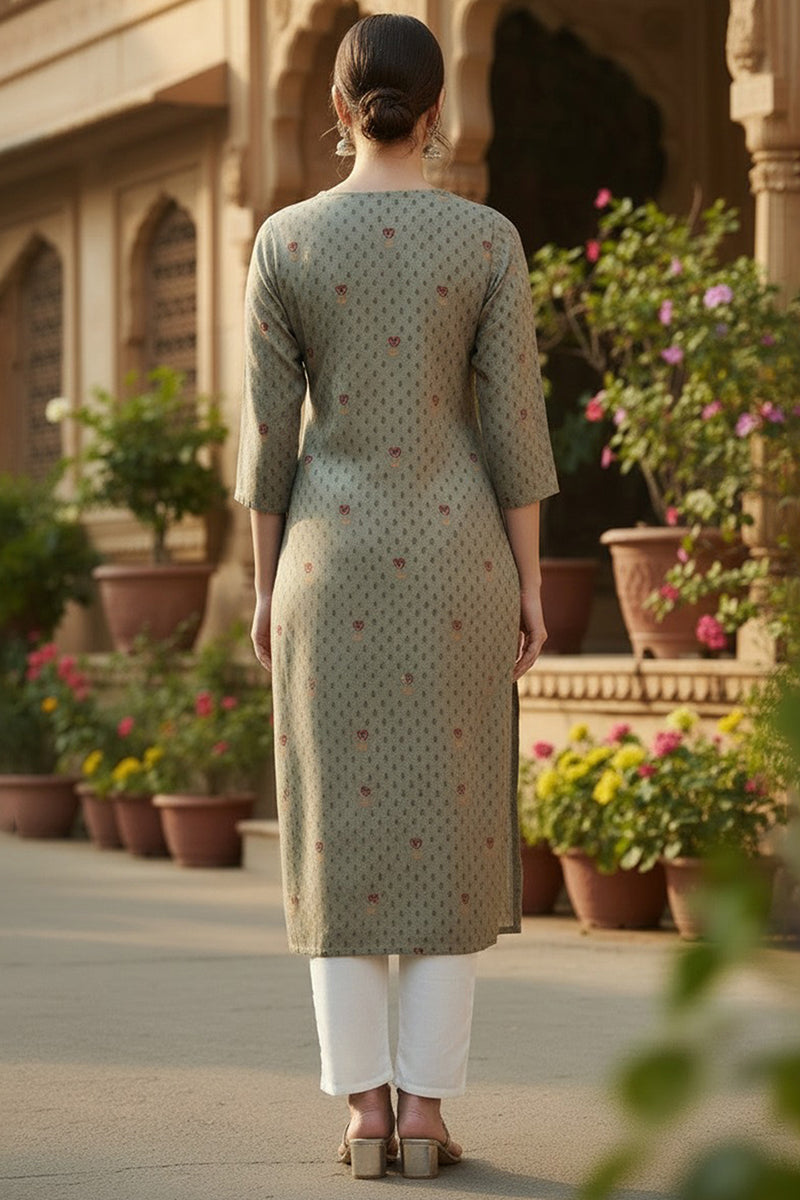 Olive Viscose Rayon Solid Printed Straight Kurta VCK9791