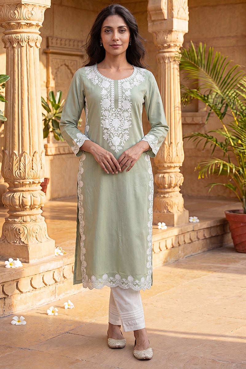 Ahika Womens Green Viscose Rayon Solid Embroidered Regular Kurta VCK9798