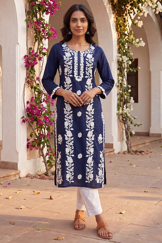 Ahika Womens Turquoise Blue Viscose Rayon Solid Embroidered Regular Kurta VCK9799