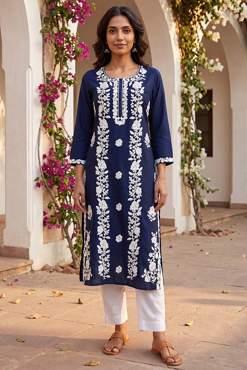 Ahika Womens Turquoise Blue Viscose Rayon Solid Embroidered Regular Kurta VCK9799