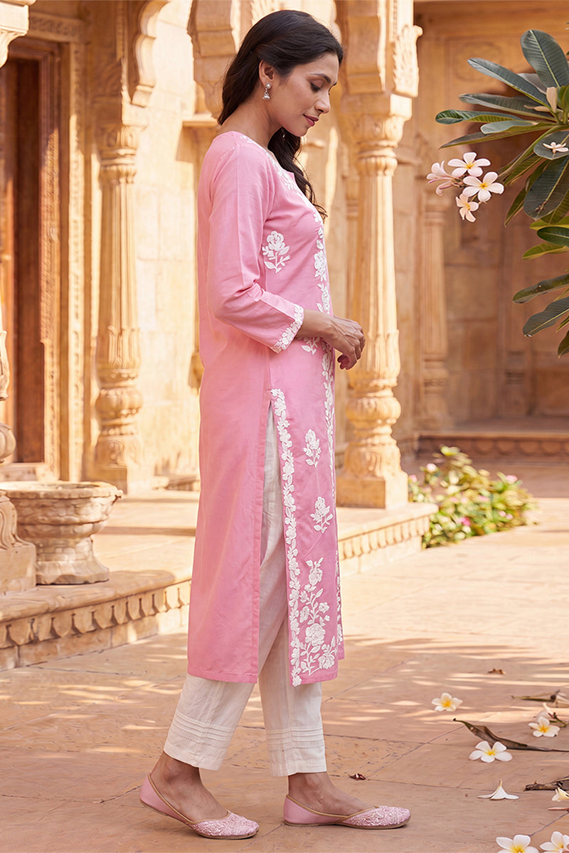 Ahika Womens Pink Viscose Rayon Solid Embroidered Regular Kurta VCK9801