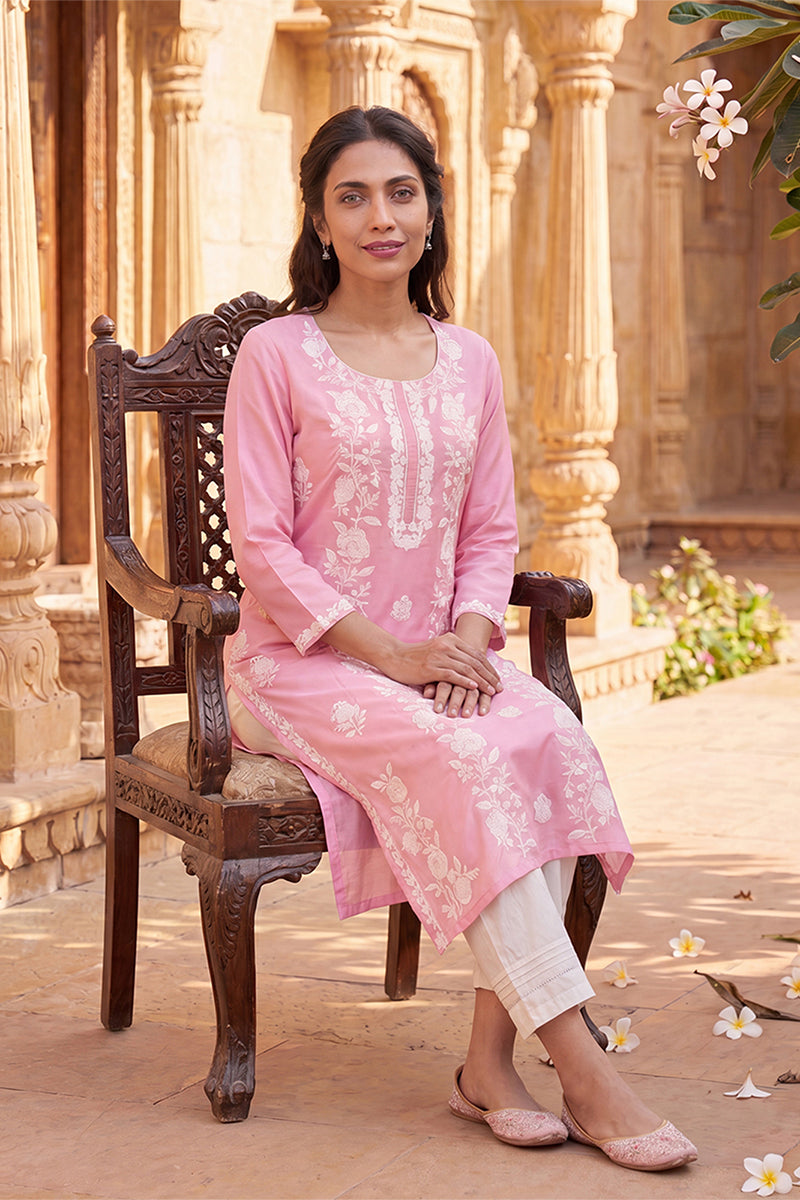 Ahika Womens Pink Viscose Rayon Solid Embroidered Regular Kurta VCK9801