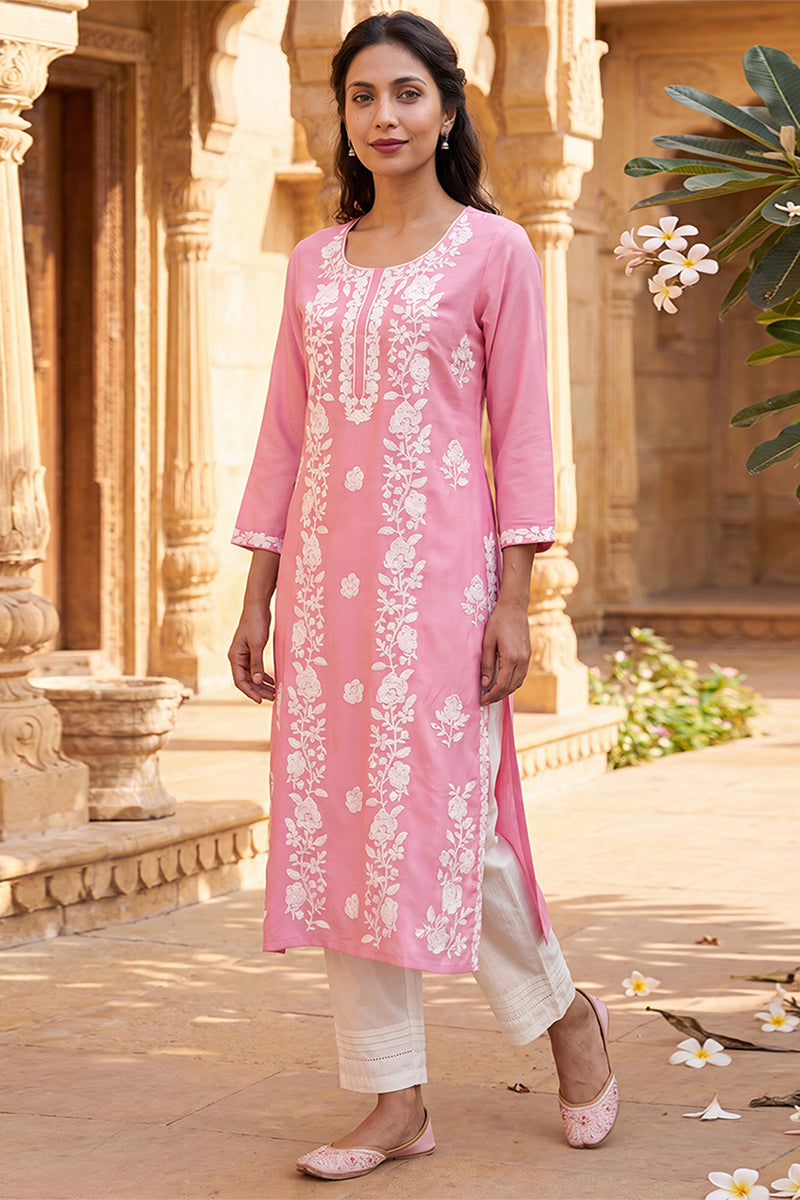 Ahika Womens Pink Viscose Rayon Solid Embroidered Regular Kurta VCK9801