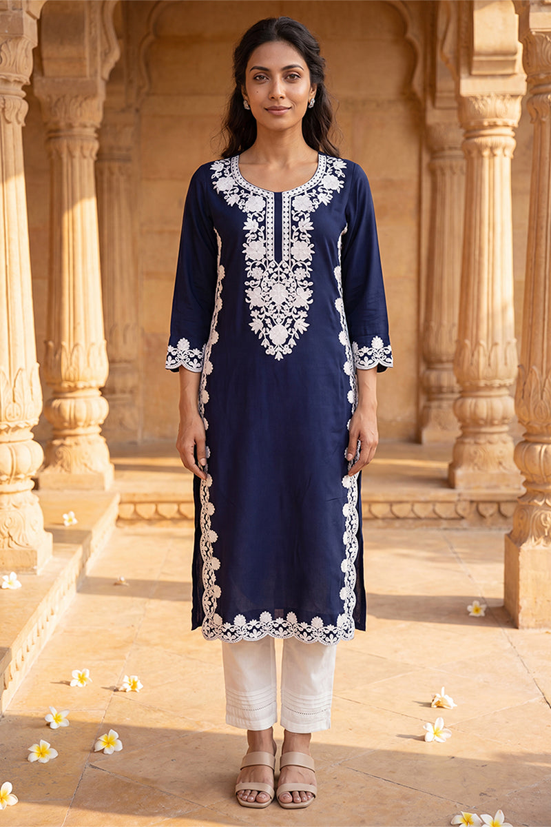 Ahika Womens Blue Viscose Rayon Solid Embroidered Regular Kurta VCK9803