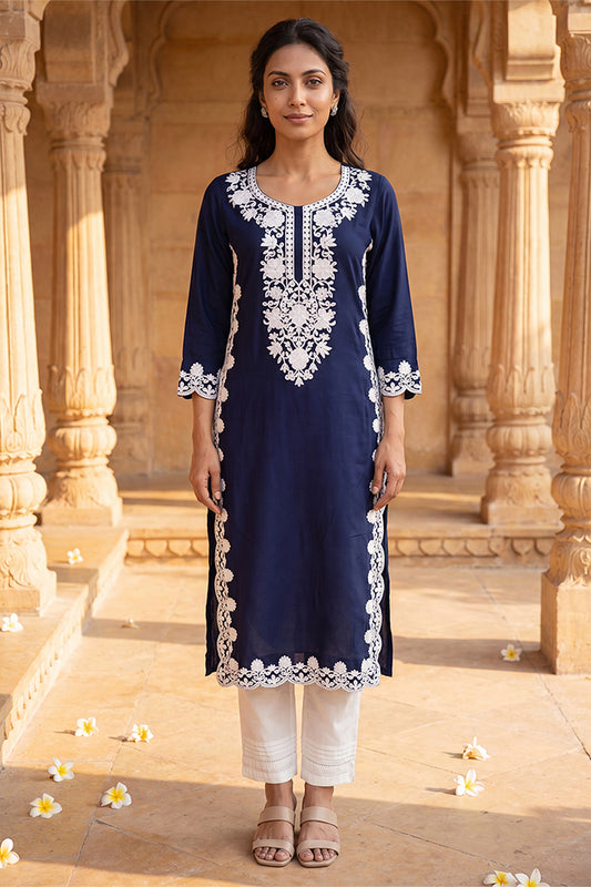 Ahika Womens Blue Viscose Rayon Solid Embroidered Regular Kurta VCK9803