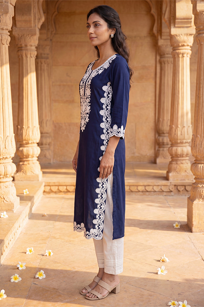 Ahika Womens Blue Viscose Rayon Solid Embroidered Regular Kurta VCK9803