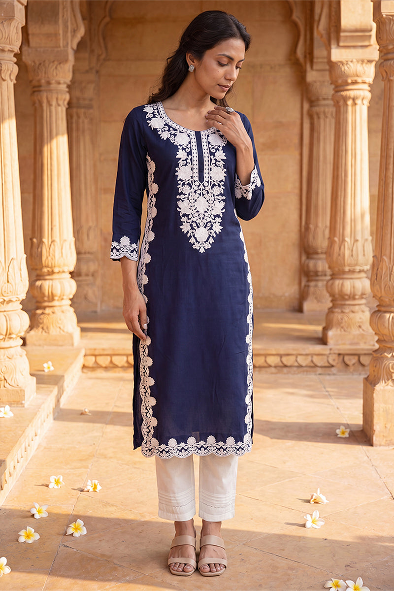 Ahika Womens Blue Viscose Rayon Solid Embroidered Regular Kurta VCK9803