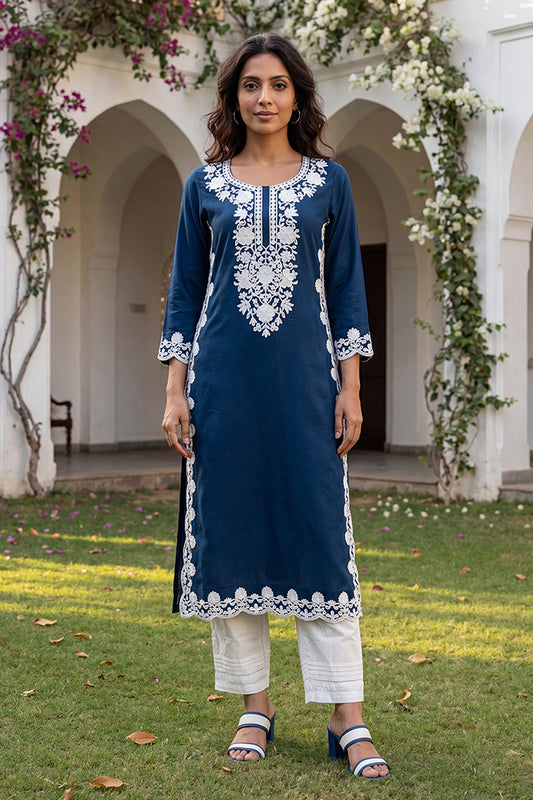 Ahika Womens Blue Viscose Rayon Solid Embroidered Regular Kurta VCK9808