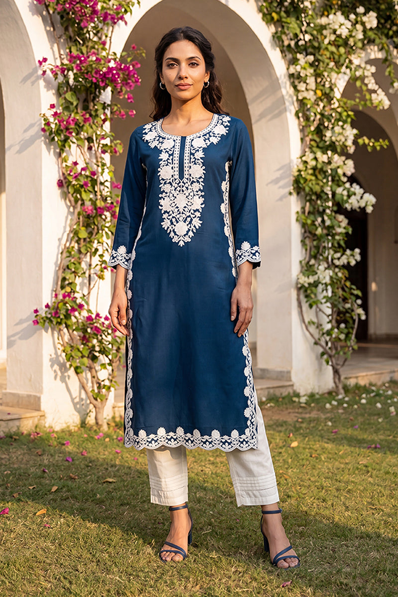 Ahika Womens Blue Viscose Rayon Solid Embroidered Regular Kurta VCK9808