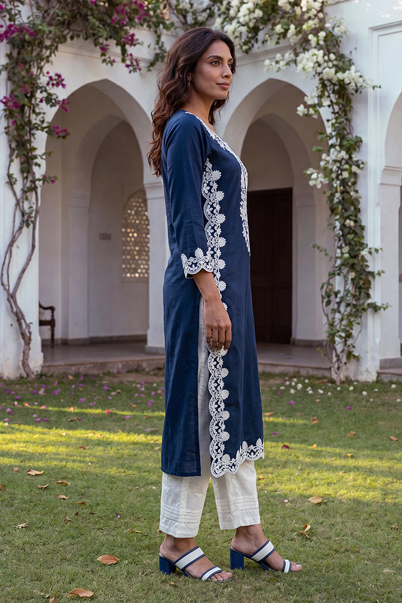 Ahika Womens Blue Viscose Rayon Solid Embroidered Regular Kurta VCK9808
