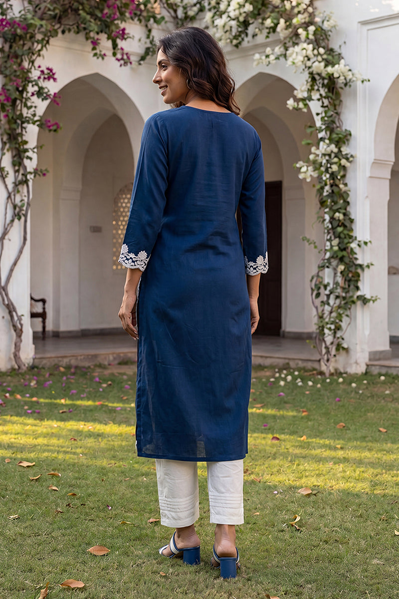 Ahika Womens Blue Viscose Rayon Solid Embroidered Regular Kurta VCK9808