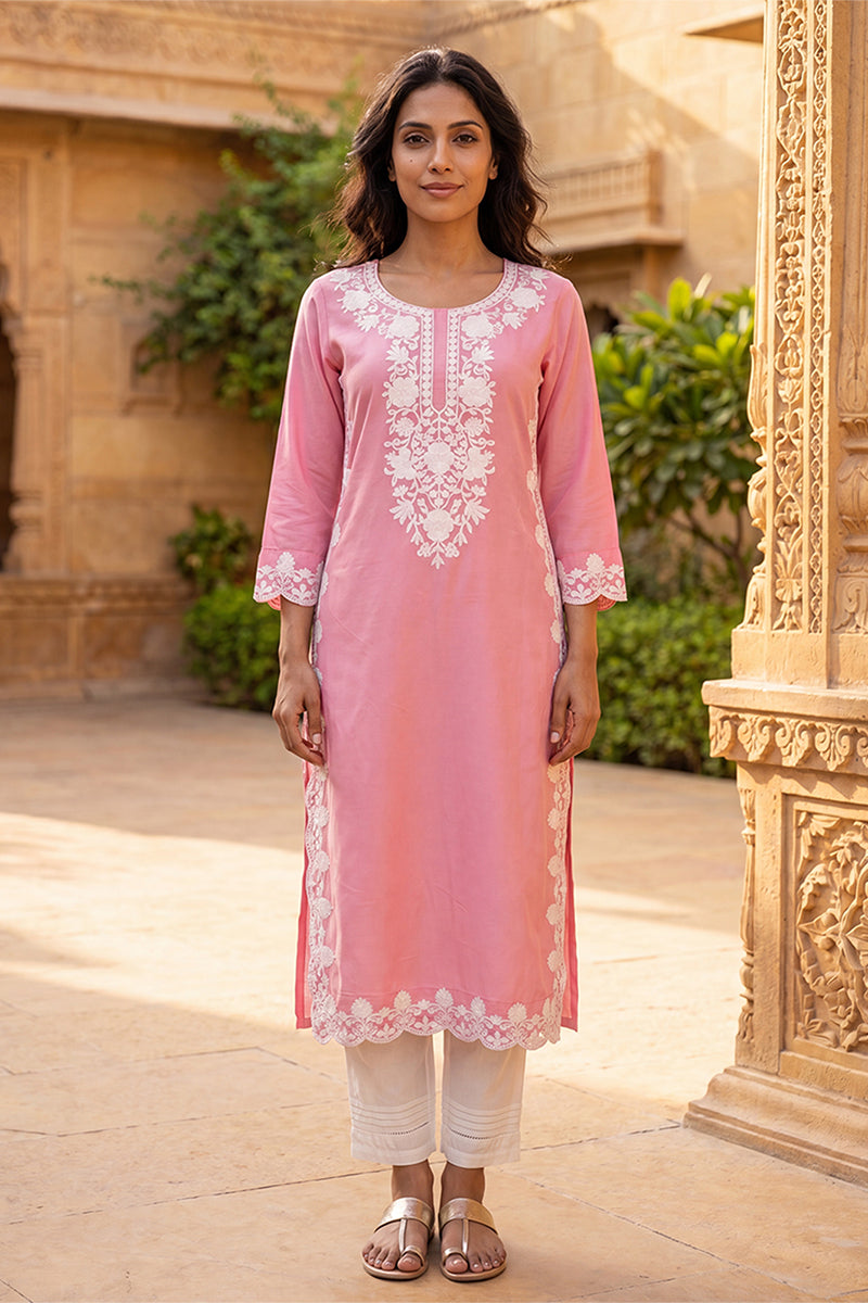 Ahika Womens Pink Viscose Rayon Solid Embroidered Regular Kurta VCK9814