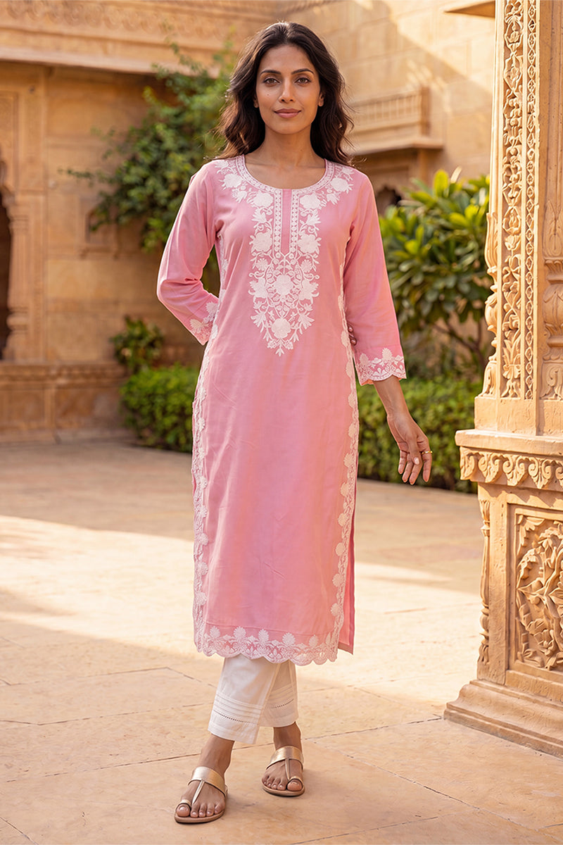 Ahika Womens Pink Viscose Rayon Solid Embroidered Regular Kurta VCK9814