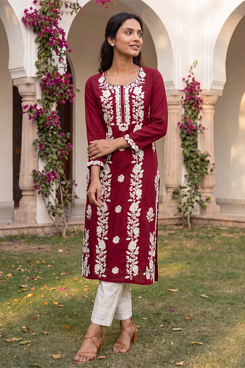 Ahika Womens Red Viscose Rayon Solid Embroidered Regular Kurta VCK9817